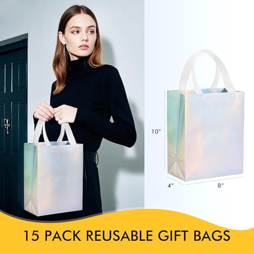 RACETOP 15 Pcs Iridescent Glossy Gift Bags Medium Size, 8x4x10 Inch Holographic Reusable Gift Bags with Handles, Ideal for...