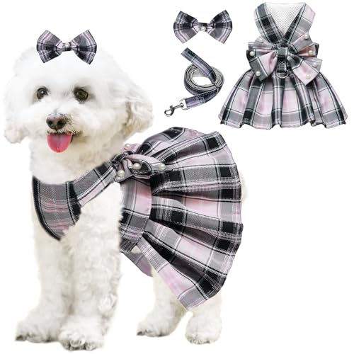 Dog Dress Bowknot Harness Leash Set for Small Dogs Girl Cute Plaid Dog Dress Pearls Bow Tie Spring Summer Princess Clothes...