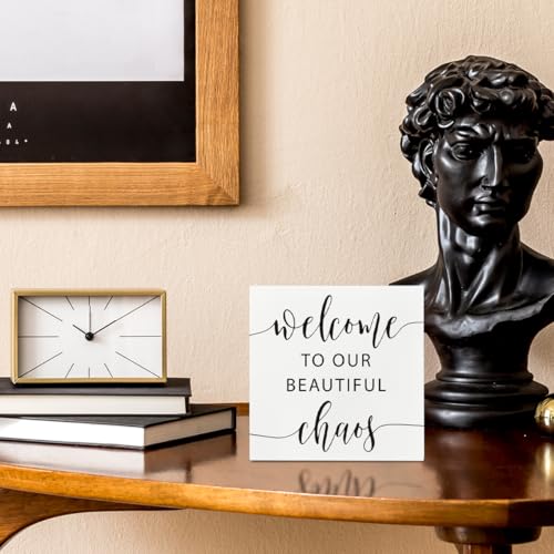 Modern Farmhouse Shelf Decor, Welcome to Our Beautiful Chaos White Wooden Box Sign for Tabletop Entryway Living Room Accen...
