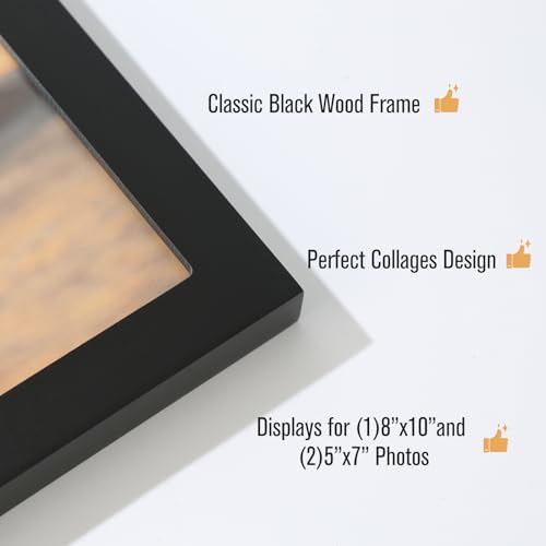 UMICAL Collage Picture Frame for 8x10 and 2 5x7 Pictures Display with Shatter-Resistant Glass & Black Wood 3-Openings Phot...