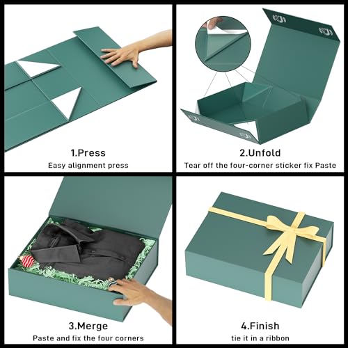PSHVYM Gift Boxes with Lids, 11.5x7.8x3 In Forest Green Gift Box for Presents Magnetic Closure for T-Shirts, Gloves, Scarv...