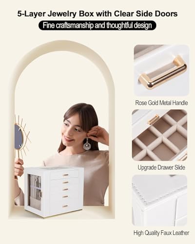 GUOER Jewelry Box 5 Layer for Women, Glass Lid Jewelry Organizer with 5 Drawers for Necklaces Rings Earrings Bracelets, Fu...