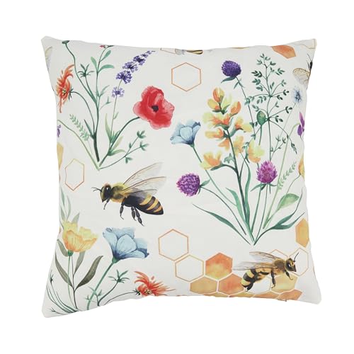 SARO LIFESTYLE Bright Bumble Bee Floral Outdoor Pillow with Poly Fill