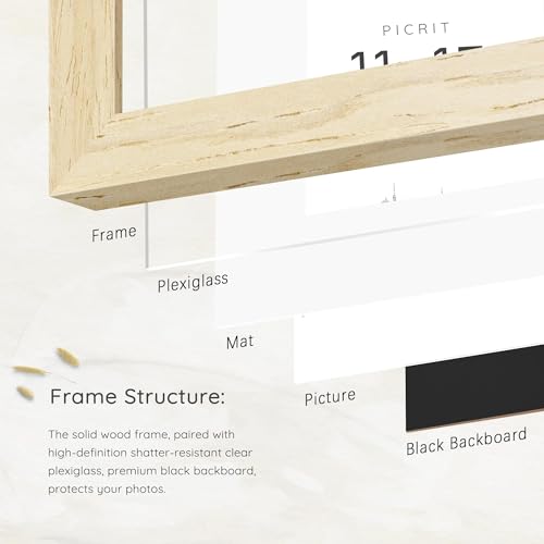 Picrit 11x17 Picture Frame Natural Wood Set of 2, Solid Wood with Black Backboard, Displays 8x12 with Mat or 11 x 17 Witho...