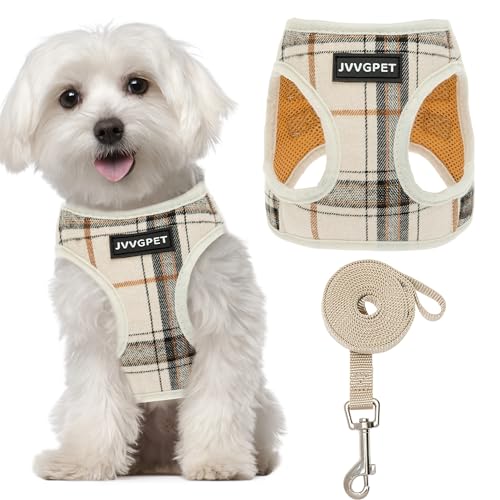JVVGPET Dog Harness for Small Dogs - Plaid No Pull Dog Vest Harness and Leash Set - Step in Reflective Adjustable Soft Mes...