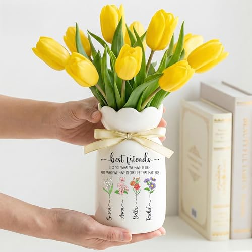 Personalized Best Friends Flower Vase, Custom Birth Flower Ceramic with Names, Friendship Gift for Women, Bestie Gift Ide...