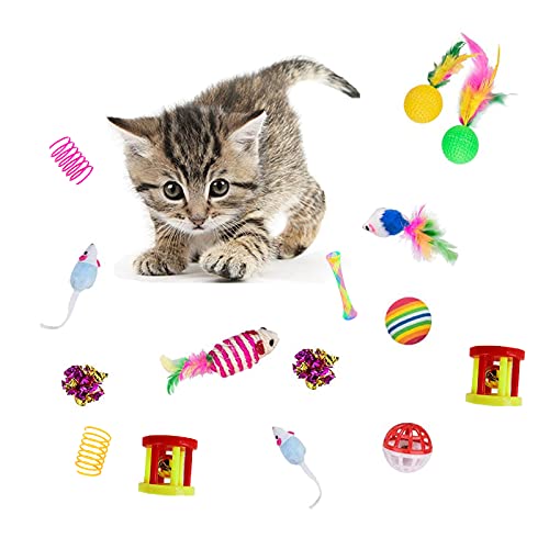 32Pcs Cat Toys Kitten Interactive Pet Toys Assortments, Foldable Rainbow Tunnel, Teaser Wand Fluffy Mouse Crinkle Balls Be...