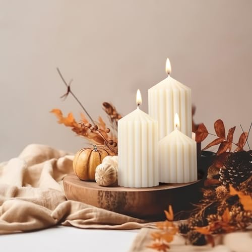 Conelist Set of 3 White Ribbed Pillar Candles Soy Wax Scented Ribbed Candles Includes 2.8, 4.2 and 5.1 Inches Heights Deco...