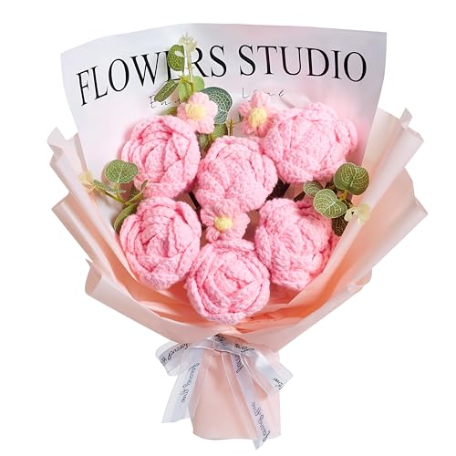SITUMEIZI Handmade Crochet Flower Bouquet - 6 Pcs Pink Roses Knitted Bouquet Cotton Thread, Gifts for Women, Mom, Wife, Te...