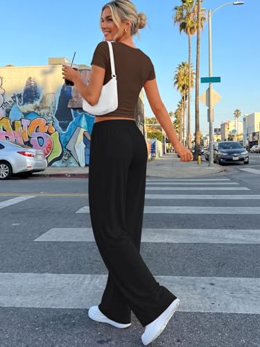 Trendy Queen 2 Piece Matching Summer Sweatsuit Lounge Set Womens Side Ruching Top Wide Leg Pants Sets with Pockets