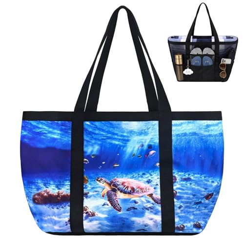 Fomaris Mesh Beach Bag - Large Beach Tote with Zipper Pocket, Toys Pool Bag for Family Travel Vacation Cruise Essentials