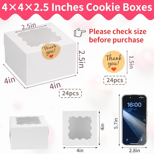 WINKIO 24pcs White Cookie Boxes, 4x4x2.5 Inches Bakery Boxes with Window, for Mini Cake Treat Dessert Pastry Donuts Macaro...