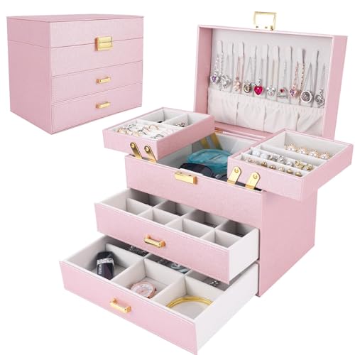 Dajasan Jewelry Organizer Box, Large Jewelry Boxes for Girls, Space-Saving 4 Layers Jewelry Storage Case with Drawer, Gift...