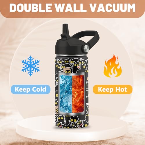 FAIVHSO Cat Gifts for Boys Girls, 16 oz Water Bottle with Straw Lid, Stainless Steel Insulated Tumbler, Cute Cats Water Bo...