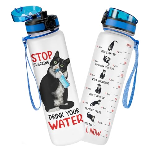 GEPOSTORE Funny Cat Hydration Water Bottle 32oz with Time Marker, Cute Cat Mom Gift for Women, Reusable Daily Motivation D...