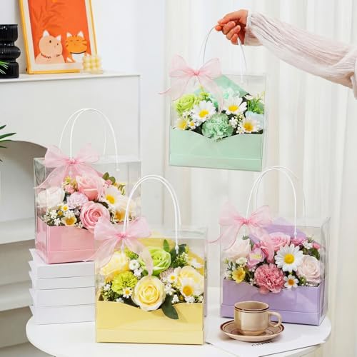Resurhang 8 Set Flower Gift Boxes for Arrangement Mother's Day Flower Bags with Envelope Gift Boxes Clear plastic Bags wit...