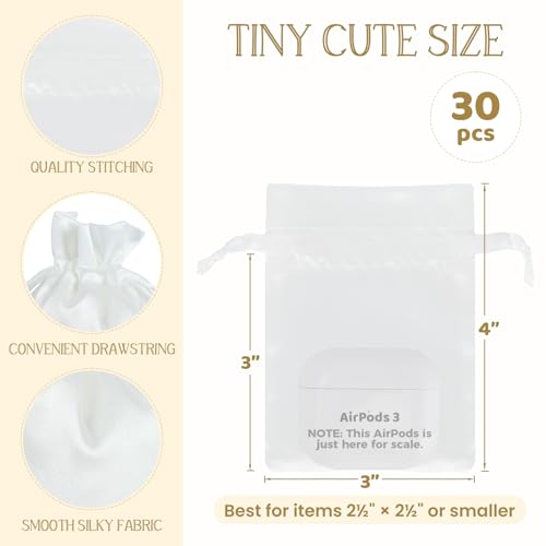 Tapleap White Small Satin Gift Bags, 30Pcs 3x4 with Drawstring, For Wedding, Birthday, Church, Easter Party Favors, Bracel...