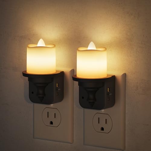 JandCase Flameless Candle Night Light, 2 Pack Night Lights Plug into Wall, 3000K Soft White, 0-100LM Dimmable Nightlight, ...