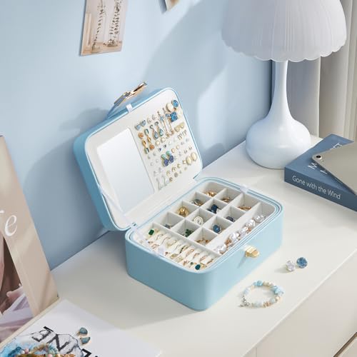 Lolalet 2 Layer Jewelry Box for Teen Girls & Young Women, Jewelry Organizer Case with Bow Clasp and Mirror for Earrings Ri...