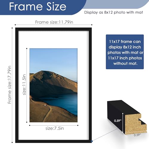PEALSN 11x17 Picture Frame, Display Pictures 8 x 12 with Mat or 11 x 17 Without Mat for Wall Mounting Display, Photo Frame...