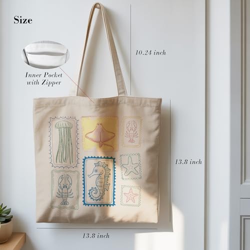 TOTEUSVIA Aesthetic Canvas Tote Bag, Cute Reusable Bags for Women with Inner Pocket