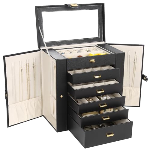 Kendal Extra Large Jewelry Box Jewelry Case PU Leather 6 Tier 5 Drawers Large Storage Capacity with Mirror Jewelry Storage...