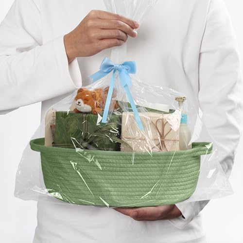 MEGASKET Green Woven Basket, 13" x 9" x 5" Baskets for Gifts Empty, Cute Cotton Rope Cat Dog Toy Bin Box, Small Woven Bin ...