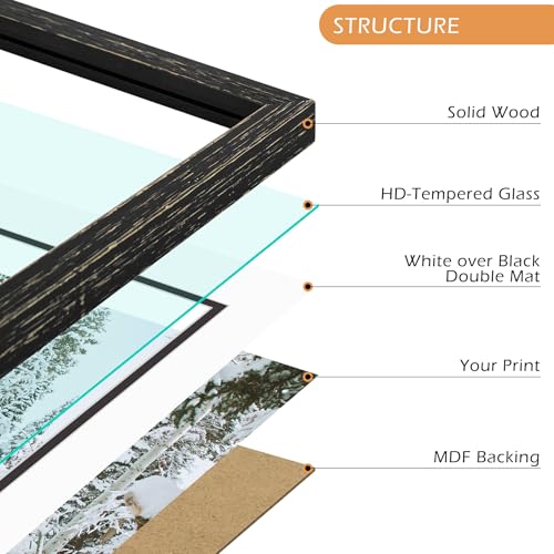 Golden State Art, 11x14 Distressed Black Wood Frame with White over Black Double Mat - Displays 8x10 Photos - Real Glass, ...