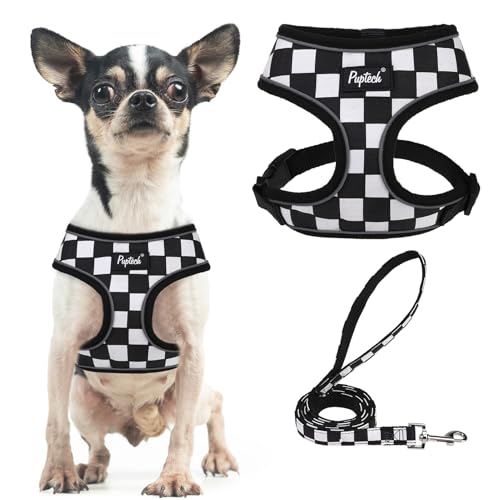 PUPTECK Soft Mesh Dog Harness and Leash Set Pet Puppy Cat Comfort Padded Vest No Pull Harnesses, Checkered Black&White, S