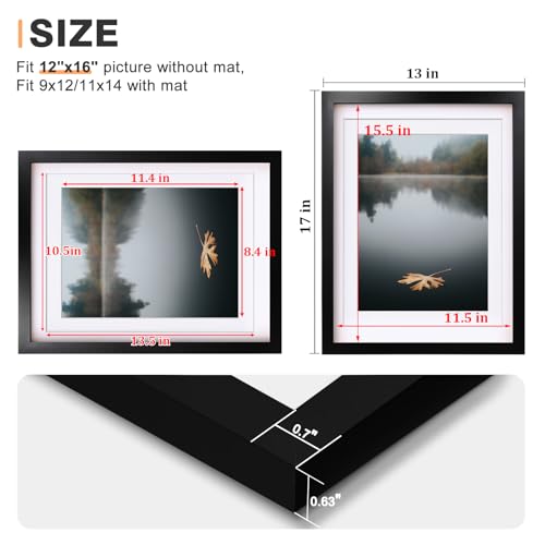 Egofine 12x16 Picture Frame Black, Covered by Plexiglass Made of Solid Wood, Display Pictures 9x12 and 11x14 with Mat or 1...
