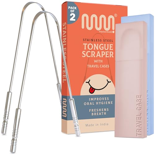 MasterMedi Tongue Scraper for Adults with Multicolor Travel Cases (2 Pack), 100% Stainless Steel, Reduce Bad Breath, Tongu...