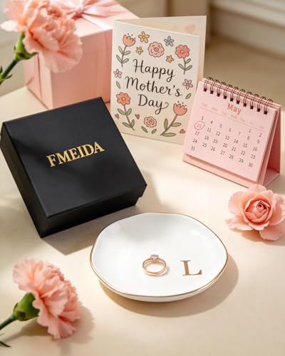 Fmeida Jewelry Tray Ring Dish for Women, Initials Ceramic Jewelry Dish, Personalized Aesthetic Decorative Birthday Valenti...