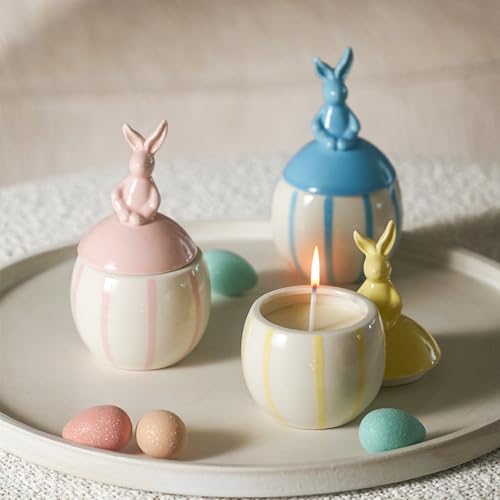 DN DECONATION 3-Pack Easter Bunny Ceramic Jar Scented Candles, Egg Shaped Soy Wax Candles with Rabbit Lid, Spring Home Dec...