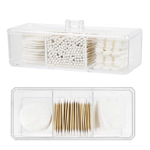 ZEXALOR Clear Bathroom Dresser Organizer - Cotton Ball Swab Holder with 3 Divided Compartments&Lid, , Waterproof Transpare...