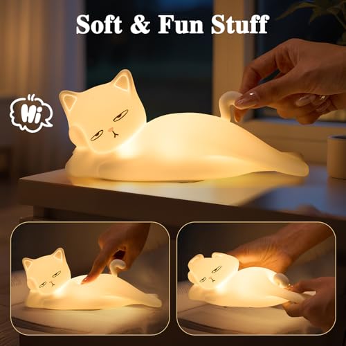 Lying Flat Cat Lamp Funny Gifts, 16 Colors+5 Dimming+Silicone Random Stuff, Touch+Remote+Recharge Night Light for Kids, Co...