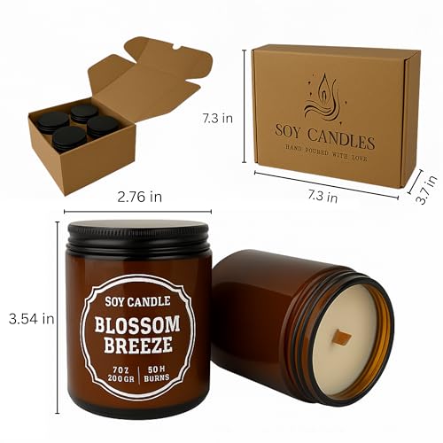 Luxury Soy Candle Gift Set, 4 Pack Amber Glass Jars with Crackling Wooden Wick, Handcrafted Scented Candles, Gift Ready Box