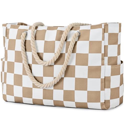Becokan Beach Bags for Women Checkered Large Beach Tote Bag Zipper Beach Bags Waterproof Sandproof Canvas Swim Pool Bag