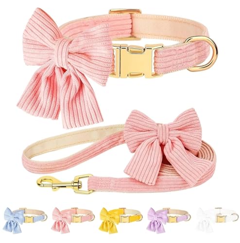 Dog Collar and Leash Set with Bowtie, Soft & Cute Puppy Collar, Cotton Puppy Collar with Adjustable Metal Buckle for Smal...