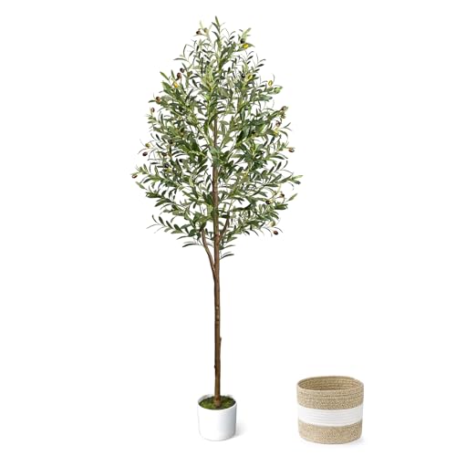 LuceAlberi 6FT Artificial Olive Tree - Indoor Tall Faux Olive Trees with Planter&Basket, Large Fake Olive Silk Tree Realis...