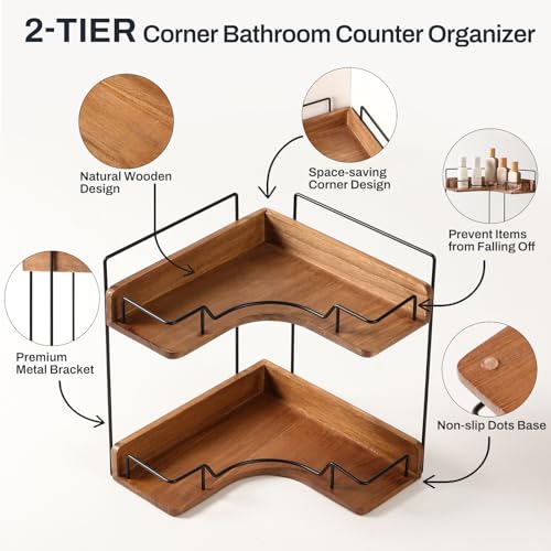Snuvid 2-Tier Bathroom Counter Organizer, Wooden Corner Shelf for Vanity Countertop Skincare & Makeup, Storage and Organiz...