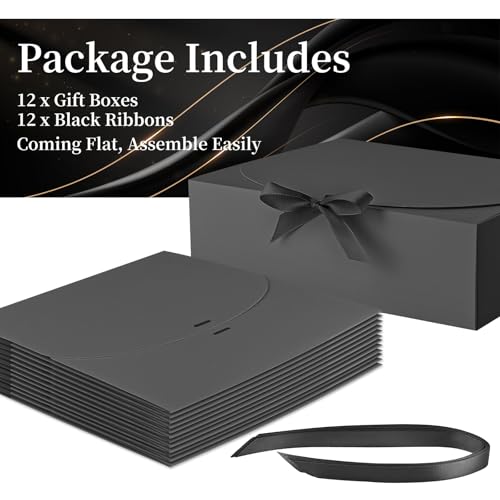 Ocmoiy 12 Pack Gift Boxes with Lids, 10.6x7.8x3.1 Inch Black Paper Gift Box with Ribbon, Bridesmaid Proposal Box for Weddi...