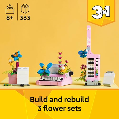 LEGO Creator 3 in 1 Typewriter with Flowers - Building Toy with 3 Building Options, Typewriter, Flowerpot with Pen & Noteb...
