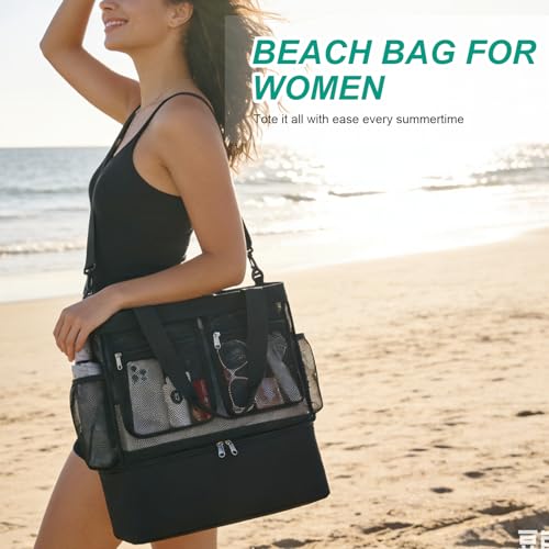 Beach Bags for Women, Large Beach Tote Bag Waterproof Mesh Swim Pool Bag with Cooler for Travel Vacation Essentials