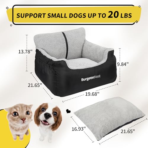 BurgeonNest Dog Car Seat for Small Dogs, Soft Pet Car Travel Home Bed Under 25 lbs, Fully Detachable and Washable Cat Boos...