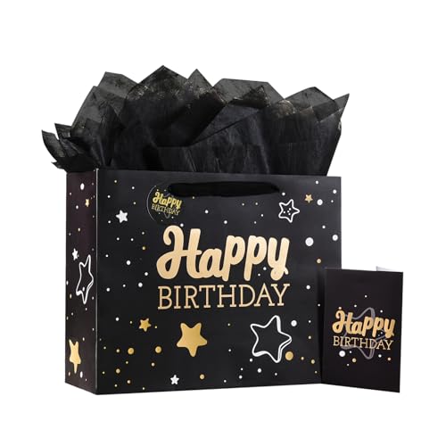 Powbrace Black Birthday Gift Bag with Tissue Paper and Greeting Card, 13'x10.2'x4.9', Medium (1-Piece Set, Black Starry Sk...