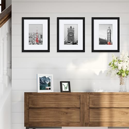 Hongkee 8x10 Black Picture Frames set of 3, Made of Wooden and Glass Photo frame - Displays Picture 5x7 with Mat or 8 x 10...