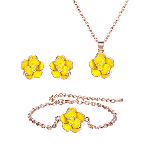 EleQueen Rose Flower Necklace Earrings Bracelet Set 14K Gold Plated Hypoallergenic Jewelry Sets Gift for Women