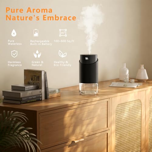 Waterless Essential Oil Diffuser - Rechargeable Black Aluminum Alloy 100ml Scent Machine with 4 Timers, 3 Mist Levels & Ve...