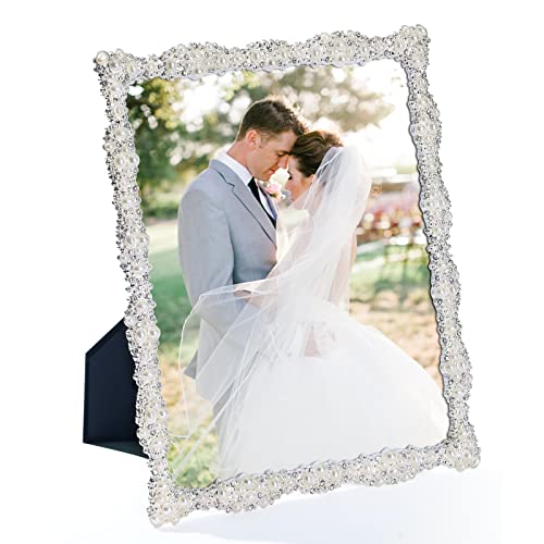 DIKAR 8x10 Picture Frame with Pearl for Wedding, Silver Plated with HD Acylic Finish Photo Frames with Rhinestones for Hor...