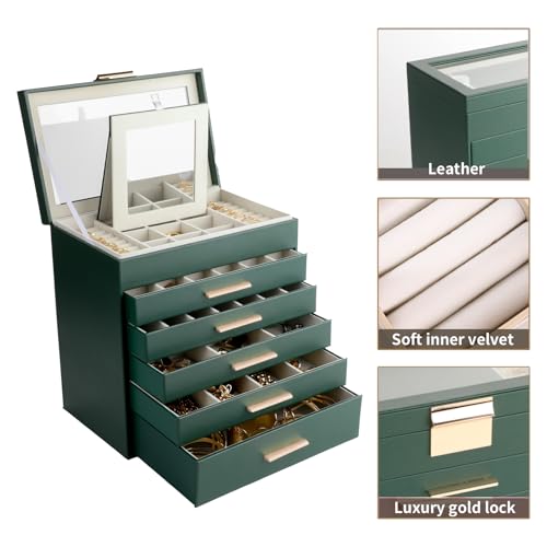 BOOVO Jewelry Box for Women, Green 6 Layer Large Jewelry Organizer with Glass Lid for Necklace, Bracelet, Earrings Storag...